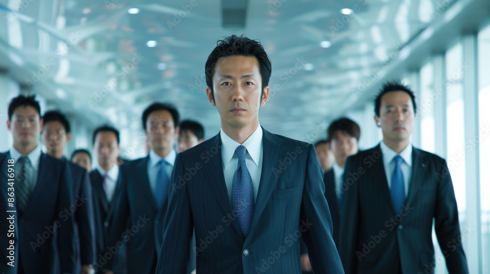 A man in a suit and tie stands in front of a group of people wearing masks. Concept of formality and professionalism, as the man is dressed in a suit and tie A man in a suit and tie stands in front of a group of people wearing masks. Concept of formality and professionalism, as the man is dressed in a suit and tie
