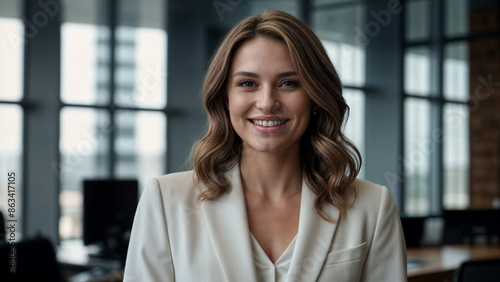 schicke Buissnes Frau im Büro mit sympathischem Lächeln