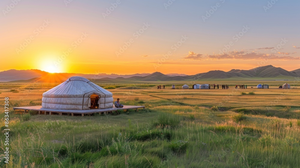 A large group of tents are set up in a field with a large white tent in the middle. The sun is setting, casting a warm glow over the scene A large group of tents are set up in a field with a large white tent in the middle. The sun is setting, casting a warm glow over the scene