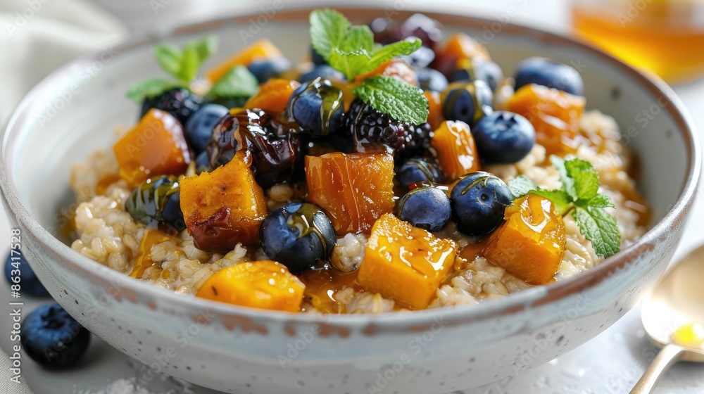 Honey drizzled over a bowl of flavorful barley porridge topped with blueberries pumpkin dates and mint on a white table captured in close up