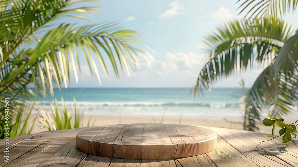Fototapeta premium Beach resort backdrop in beach with palm tree leaves