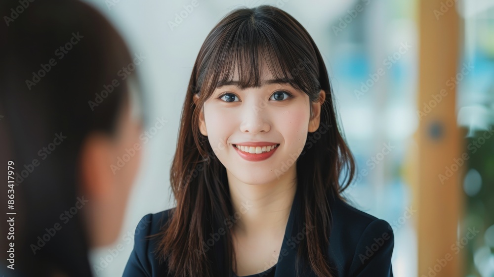 A woman in a business suit is smiling at two other people. A woman in a business suit is smiling at two other people.