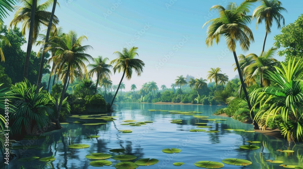 Rural lake surrounded by palm trees Rural lake surrounded by palm trees