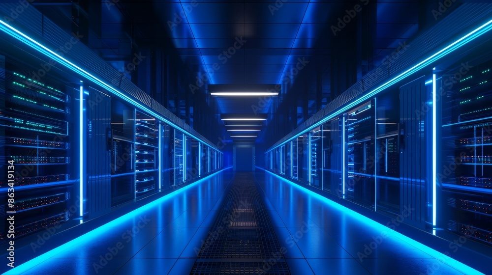 Fototapeta premium Futuristic Data Center with Blue LED Lighting, Generative AI
