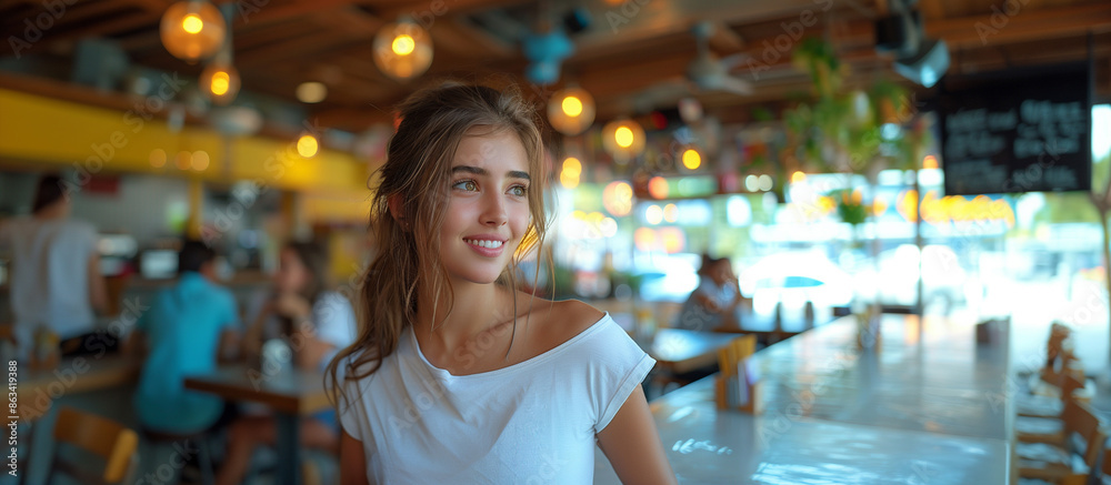 20s Latina woman in a restaurant, she is looking away and wears a white t-shirt. Copy space for text.
20s Latina woman in a restaurant, she is looking away and wears a white t-shirt. Copy space for text.