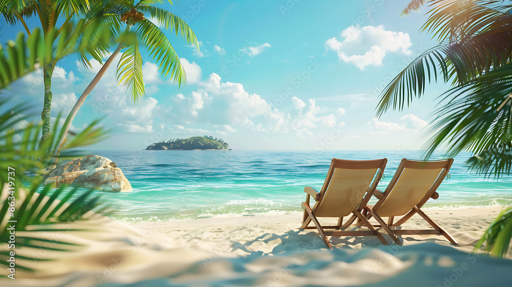 Fototapeta premium Two sun lounges chairs facing the ocean on beach summer holiday sunny day