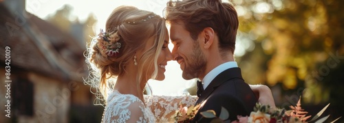 Bride And Groom Embracing In Front Of Stone House On Sunny Day