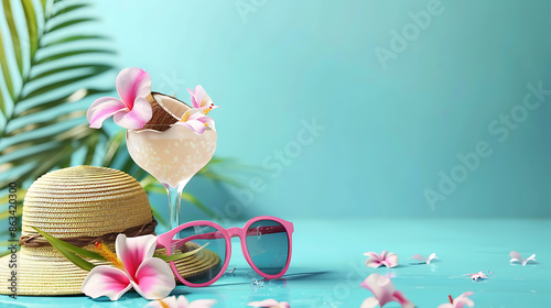 Blue background with pink glasses, beach hat and a cocktail drink and palm tree leaves backdrop banner advertisement