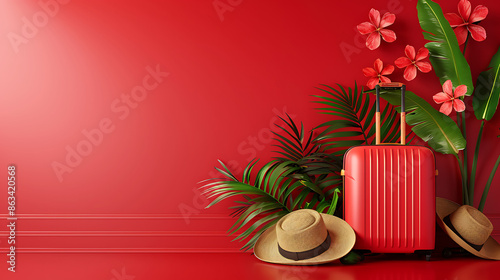 red background backdrop with palm leaves, vacation hat and red luggage ready to go on a holiday travel