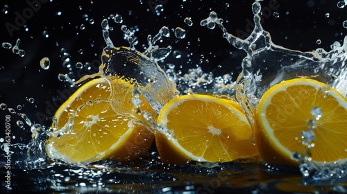 Fresh Lemon Slices with Water Splashes, Generative AI