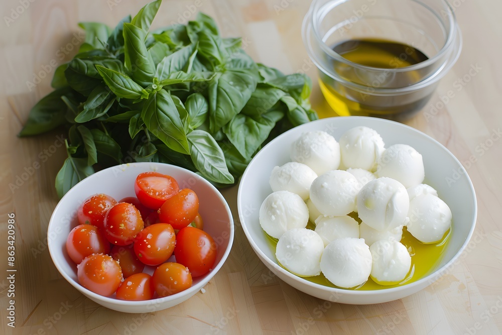Ingredients for making Caprese salad. Mozzarella cheese balls with tomatoes and basil and oil Ingredients for making Caprese salad. Mozzarella cheese balls with tomatoes and basil and oil