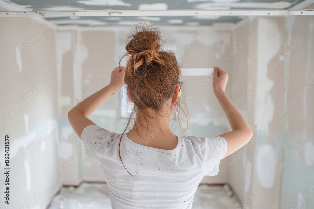 A woman is plastering a white wall, seen from the back with her hair in a messy bun and wearing a white t-shirt, indicating home renovation in progress. A woman is plastering a white wall, seen from the back with her hair in a messy bun and wearing a white t-shirt, indicating home renovation in progress.
