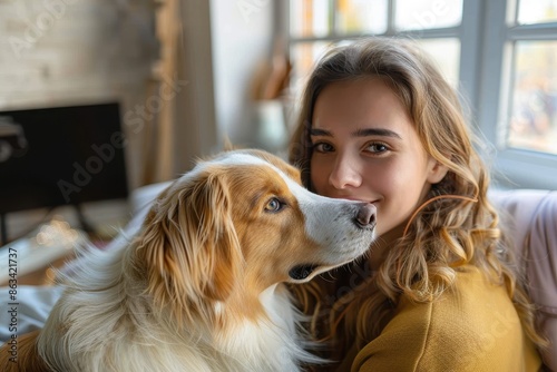 Wallpaper Mural A woman and her dog share a tender moment, encapsulating the warmth and joy of their bond, set against a homely backdrop with inviting and comforting elements. Torontodigital.ca
