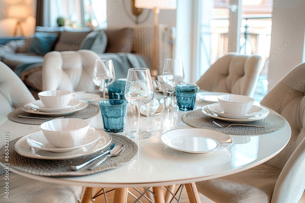 A beautiful dining table set for four, featuring elegant tableware, stylish glassware, and comfortable chairs, perfect for a modern dining experience. A beautiful dining table set for four, featuring elegant tableware, stylish glassware, and comfortable chairs, perfect for a modern dining experience.