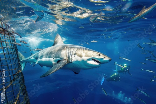 Great white shark in deep blue ocean captured swimming near a diver in a cage, with lots of small fish surrounding, demonstrating an underwater adventure and marine life. photo