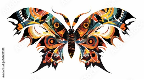 Symbolic Representation of Tribal Double and Butterfly Wings Abstract Butterfly Imagery Featuring the Head of a Predator and Duplicated Decorative Elements on a White Background