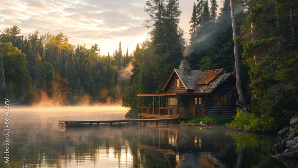 Fototapeta premium Misty Lakeside Cabin in Tranquil Setting