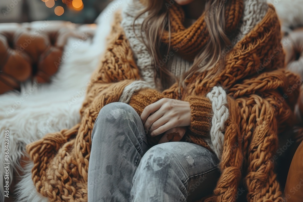A close-up of a person wrapped in a cozy, thick knitted blanket and sweater, sitting on a sofa. The scene exudes warmth, comfort, and the feeling of home during cooler seasons. A close-up of a person wrapped in a cozy, thick knitted blanket and sweater, sitting on a sofa. The scene exudes warmth, comfort, and the feeling of home during cooler seasons.