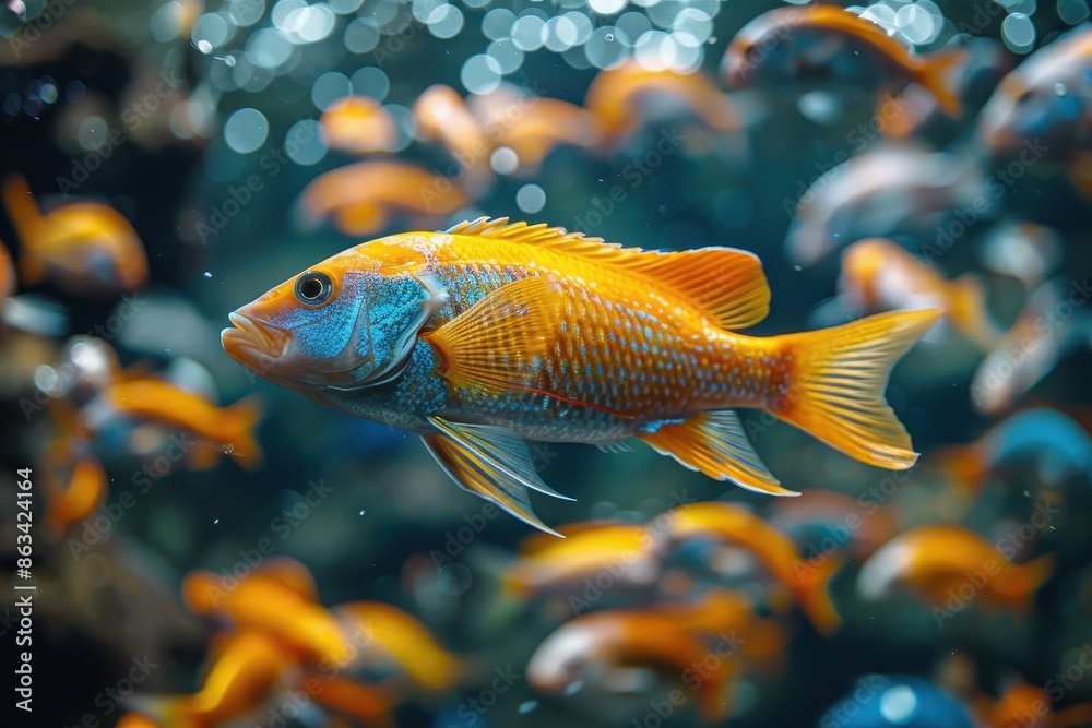 A distinct, larger orange fish stands out swimming against a backdrop of numerous smaller, similarly colored fish in an aquarium, creating a vibrant underwater scene. A distinct, larger orange fish stands out swimming against a backdrop of numerous smaller, similarly colored fish in an aquarium, creating a vibrant underwater scene.