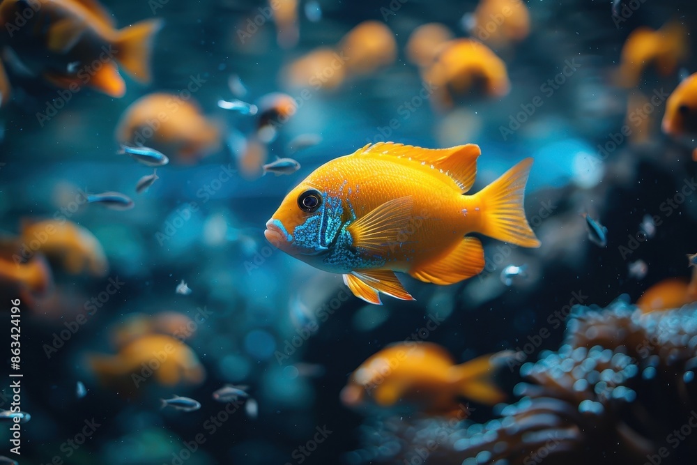 A vibrant orange fish with detailed scales swimming gracefully among other fish in the deep blue ocean, surrounded by a mesmerizing underwater environment and coral reefs. A vibrant orange fish with detailed scales swimming gracefully among other fish in the deep blue ocean, surrounded by a mesmerizing underwater environment and coral reefs.