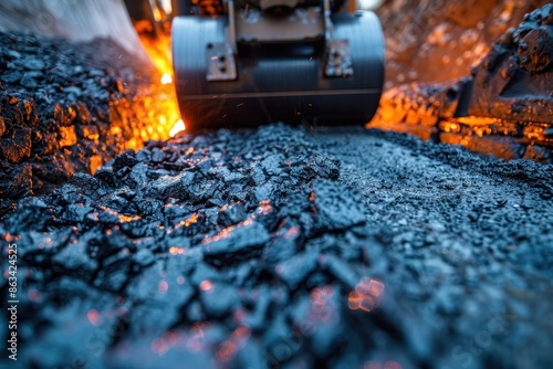 A detailed view of an asphalt compactor working on a road construction project, showcasing the hot, freshly laid asphalt being compacted under heavy machinery. photo
