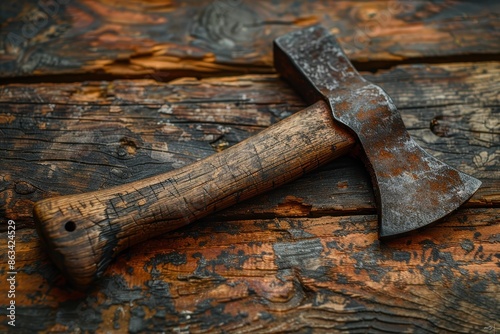 A rustic axe with a rusty blade rests on a charred and cracked wooden surface, showcasing the rugged textures and highlighting the history and utility of the tool. photo