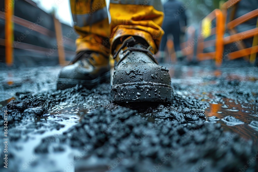 A detailed view of wet asphalt being paved with construction machinery and workers visible in the background, illustrating the meticulous work and effort involved in road construction. A detailed view of wet asphalt being paved with construction machinery and workers visible in the background, illustrating the meticulous work and effort involved in road construction.