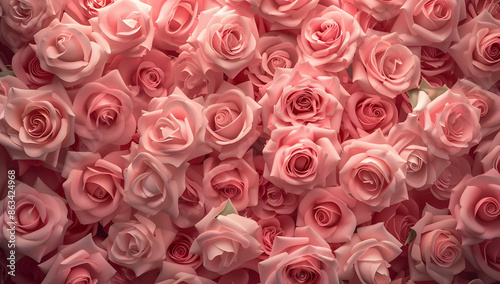 A beautiful arrangement of pink roses in full bloom, creating a romantic and elegant floral background. © sornram