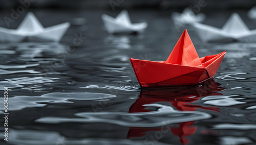 Close-up of a red paper boat floating on water with other boats in the background, symbolizing individuality and leadership.