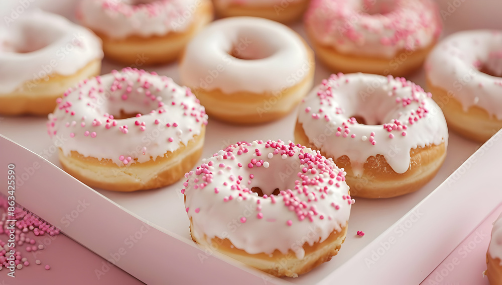 Delicious glazed donuts topped with pink sprinkles, neatly arranged in a box. Perfect for bakery, dessert, and treat photos. Delicious glazed donuts topped with pink sprinkles, neatly arranged in a box. Perfect for bakery, dessert, and treat photos.