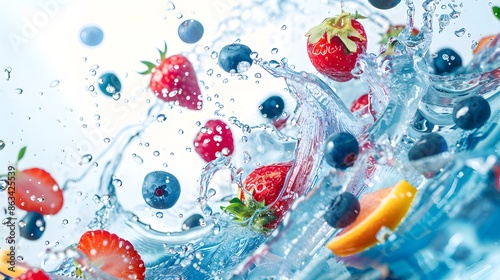 Forest berries mix falling with water splashes isolated on white background