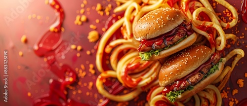 Close-up of messy burgers and fries covered in ketchup and sauce. photo