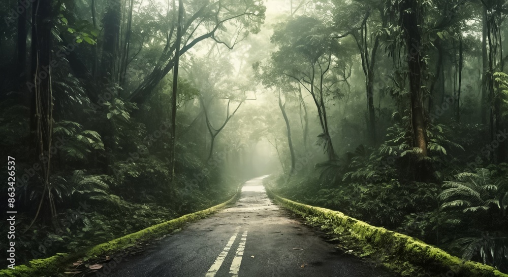Obraz premium Scenic natural landscape view of a wet way through lush forest after rain with sunlight shines not far away. Generative AI.