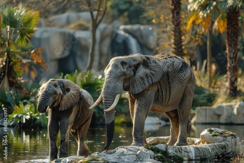 Two majestic elephants, one large and one smaller, standing on rocky terrain by their water source, surrounded by lush greenery and a serene, natural environment. photo