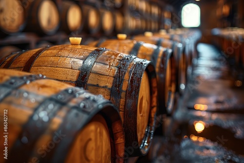 Photograph depicting moist wooden barrels lined up in a dimly lit wine cellar, indicating the conditions necessary for aging wine, with light reflecting off the barrels' surfaces. photo