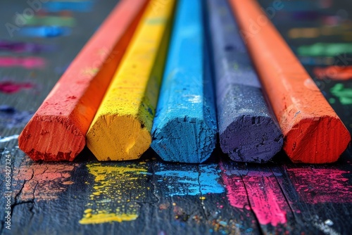 Five colorful pieces of chalk in red, yellow, orange, blue, and purple are spread out on a dark surface with chalk dust scattered around them, creating a vibrant, artistic scene. photo