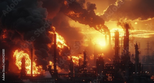 Industrial Complex Burning at Sunset With Smoke and Flames