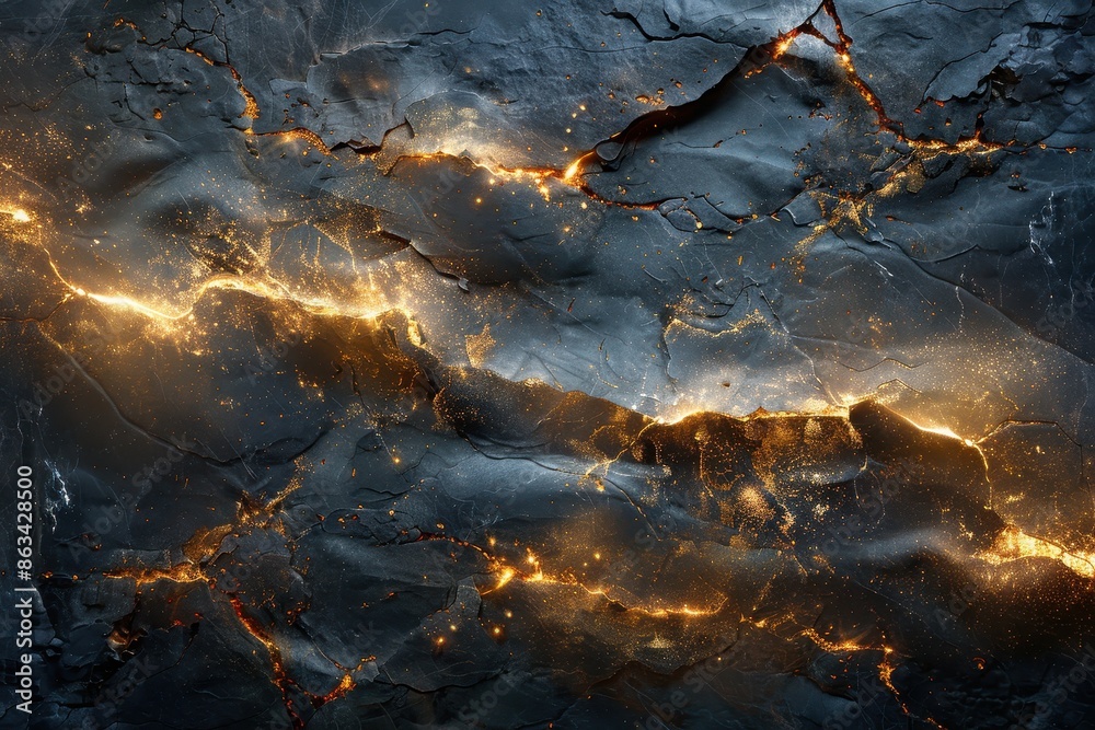 This image displays an intricate pattern of golden veins running through a dark, rough surface, presenting a stunning contrast and a compelling visual texture. This image displays an intricate pattern of golden veins running through a dark, rough surface, presenting a stunning contrast and a compelling visual texture.