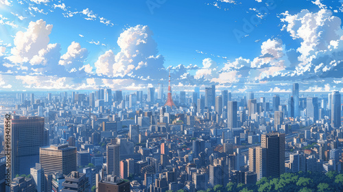 Tokyo Cityscape Anime Style Panoramic View with Skyscrapers and Clear Blue Sky photo