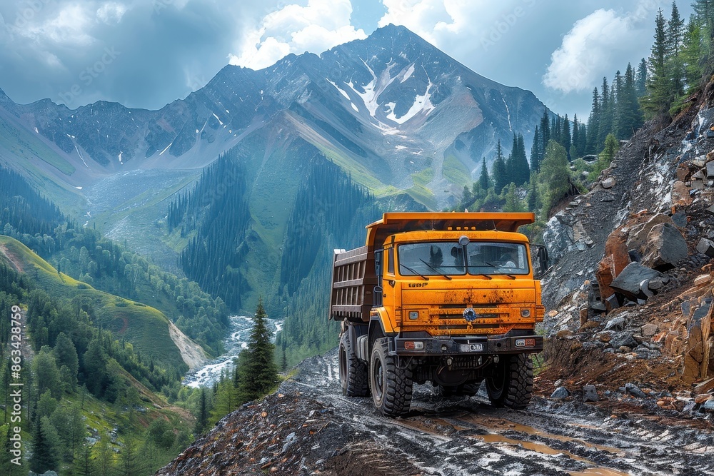 A bright yellow truck traveling on a rugged mountainous path surrounded by lush green landscape; this symbolizes determination, exploration, and conquering nature’s challenges. A bright yellow truck traveling on a rugged mountainous path surrounded by lush green landscape; this symbolizes determination, exploration, and conquering nature’s challenges.