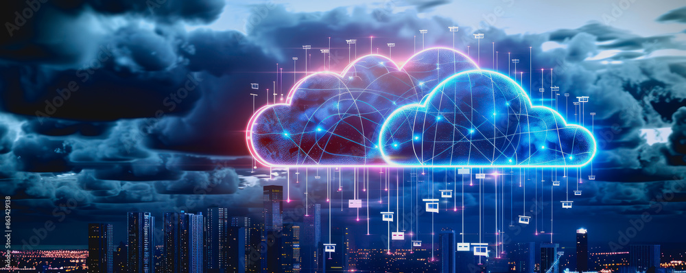 Futuristic night cityscape with glowing digital cloud, network lines, and neon blue highlights. Futuristic night cityscape with glowing digital cloud, network lines, and neon blue highlights.