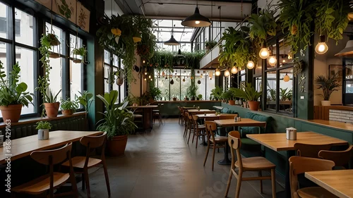 Obraz Garden-themed cafe with hanging plants and floral prints.




