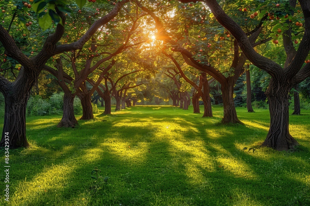 Fototapeta premium Image of an orchard with multiple rows of apple trees, bathed in the warm glow of a setting sun, creating a picturesque and serene agricultural landscape.