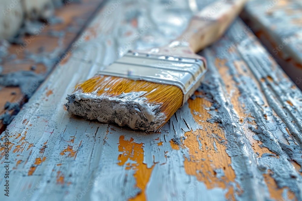 An old paintbrush covered in grey paint lies on a chipped wooden surface, symbolizing the passage of time and the enduring nature of craftsmanship through the wear of tools. An old paintbrush covered in grey paint lies on a chipped wooden surface, symbolizing the passage of time and the enduring nature of craftsmanship through the wear of tools.