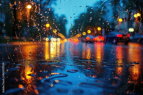 Raindrops sticking to a window pane with blurred city lights in the background, giving a feeling of tranquility and peace on a rainy night in an urban environment.