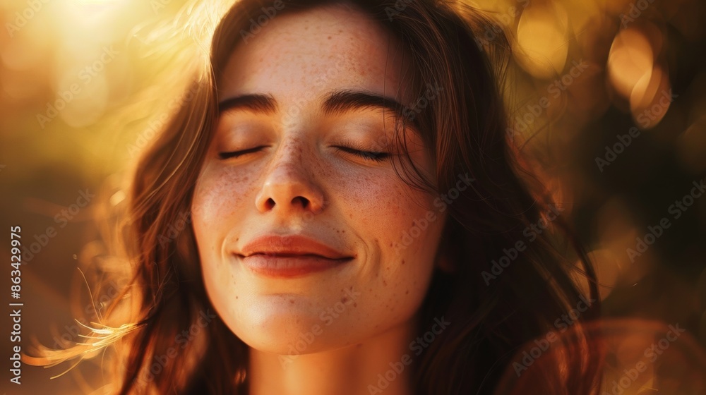 A woman with freckles and brown hair smiling while looking up, AI A woman with freckles and brown hair smiling while looking up, AI