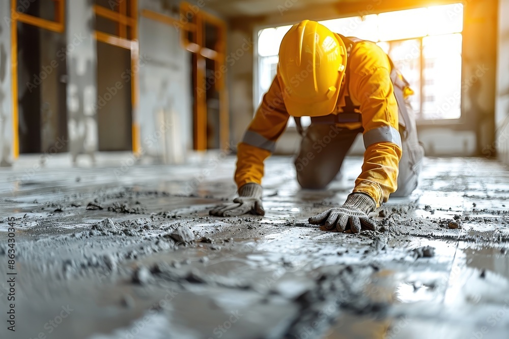 A dedicated construction worker in a yellow helmet and orange jacket spreading cement on the floor of a building under construction, emphasizing precision and hard work. A dedicated construction worker in a yellow helmet and orange jacket spreading cement on the floor of a building under construction, emphasizing precision and hard work.