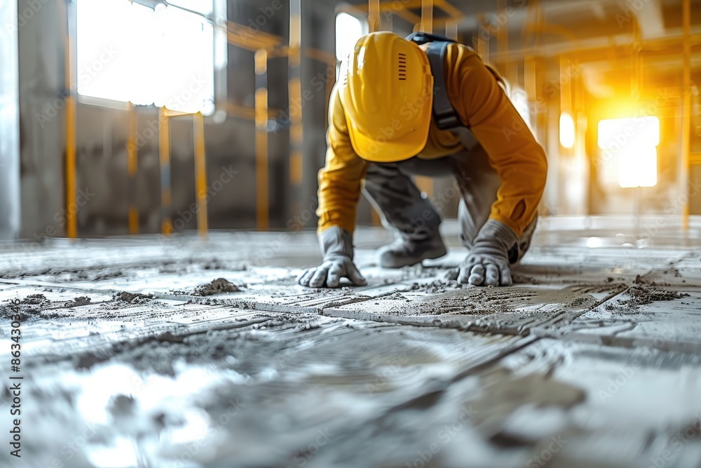 A construction worker in a yellow helmet and orange jacket levels a floor surface in a building under construction, symbolizing hard work and precision in building industries. A construction worker in a yellow helmet and orange jacket levels a floor surface in a building under construction, symbolizing hard work and precision in building industries.