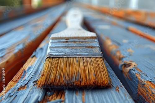 A close-up of a paintbrush on a freshly painted wooden surface, capturing the texture and precision involved in painting, artistry, and craftsmanship in home decor. photo