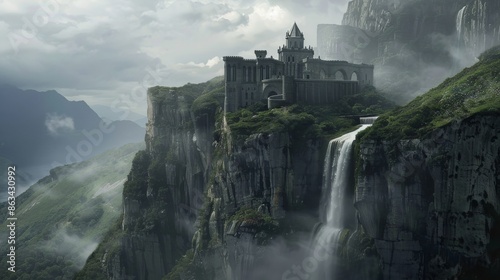a castle on top of a mountain with a waterfall 